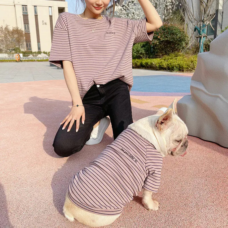 Pet parent and puppy wearing matching Brown (Coffee) striped shirts. Twinning with your dog makes your walks twice as nice.