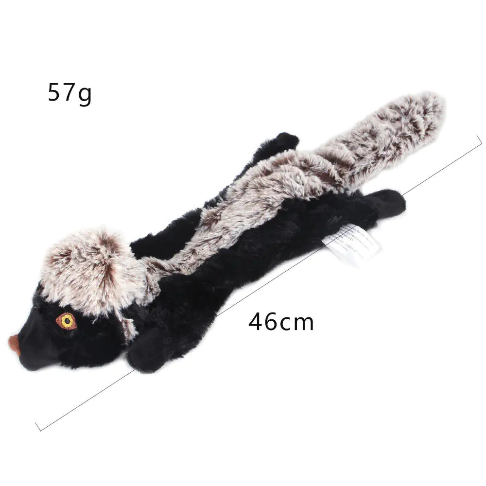 A plush dog chew toy resembling a honey badger. Made of soft materials, gentle on teeth, toy reduces pet's anxiety.