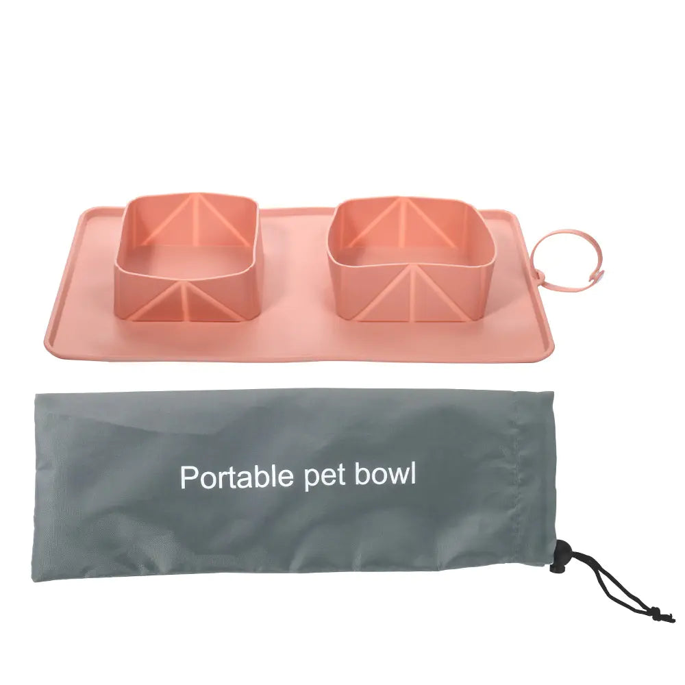 Portable pet bowl made of silicone, displayed with its carrying bag. Bowl  is Pink (Rose) and bag is Gray (Mist).