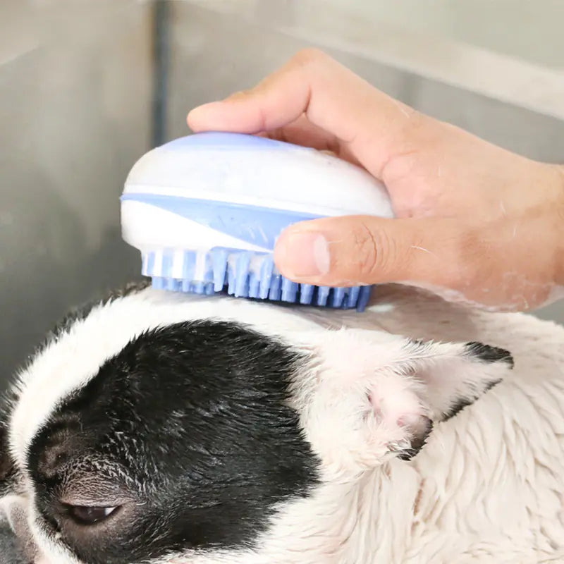Blue (Lake) and white silicone doggie brush being used to groom and bath the owner's pet.
