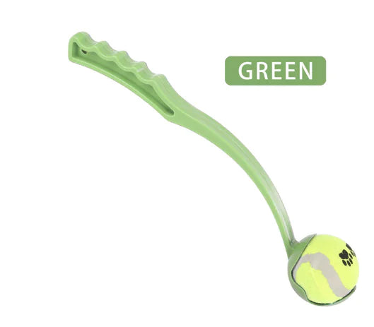 Light Green (Mint) colored doggy ball launcher toy with a curved handle and a tennis ball attached to the end.