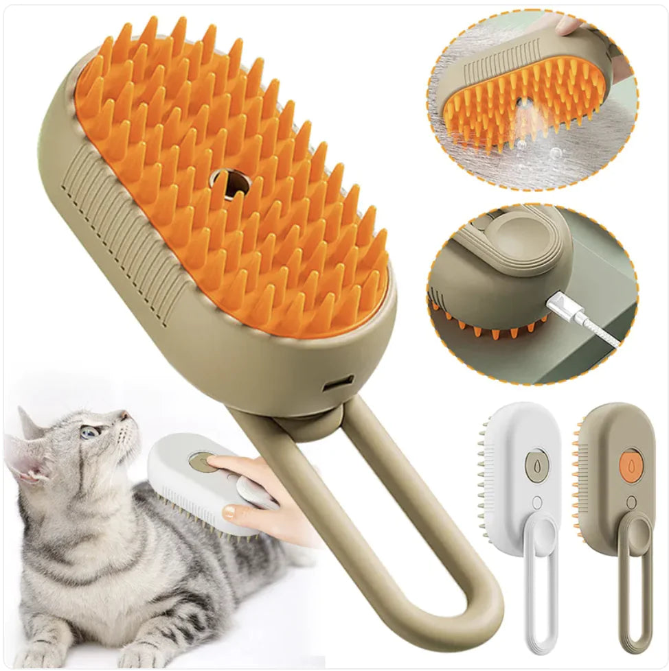 White and brown rechargeable adjustable grooming brushes with steamer for pet massage and deshedding. Kitty is being groomed in the background.