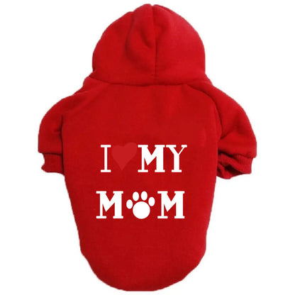 Red dog hoodie with ‘I ❤️ MY MOM’ print on a white background. Made of soft polyester for your pet's warmth and comfort.