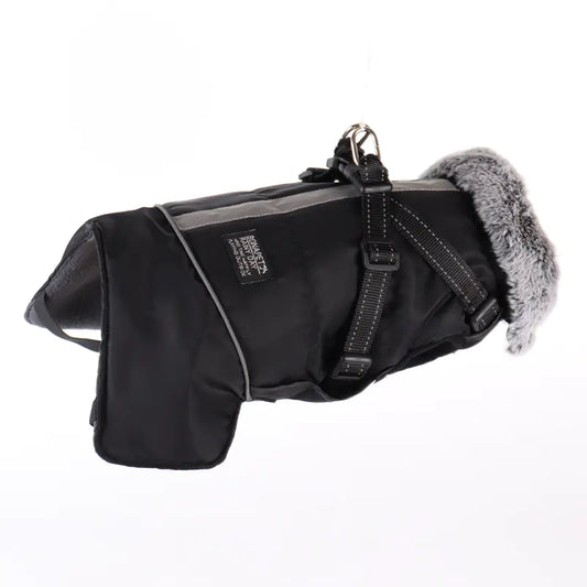 Black (Matte) Waterproof Reflective Pet Warm Fur Collar Jacket with black straps and a plush faux fur collar.