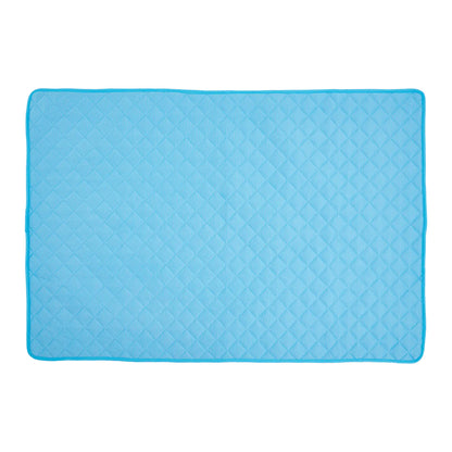Blue non-toxic breathable pet cooling mat. lightweight and pressure-activated cooling design. A perfect dog chill spot. 