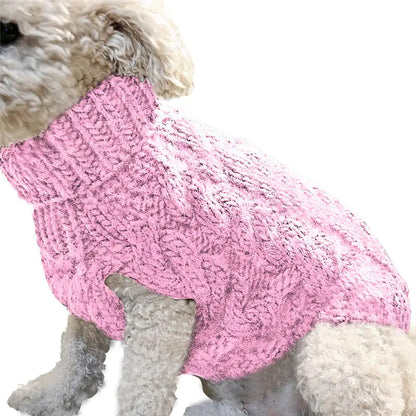 Dog wearing a soft Pink (Rose) wool blend sweater. This sweater is a stylish and warm option when walking your pet on chilly days.