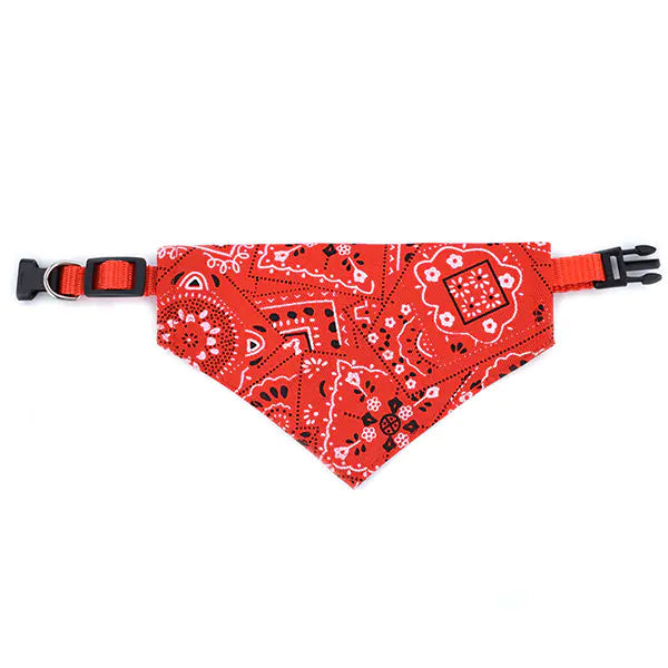 Red (Ruby) patterned doggy bandana collar with adjustable strap and buckle. Stylish and comfortable accessory for your pet.