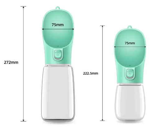 Two Green (Spring) doggie water bottles with measurements on a white background