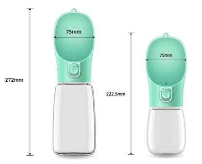 Two Green (Spring) doggie water bottles with measurements on a white background