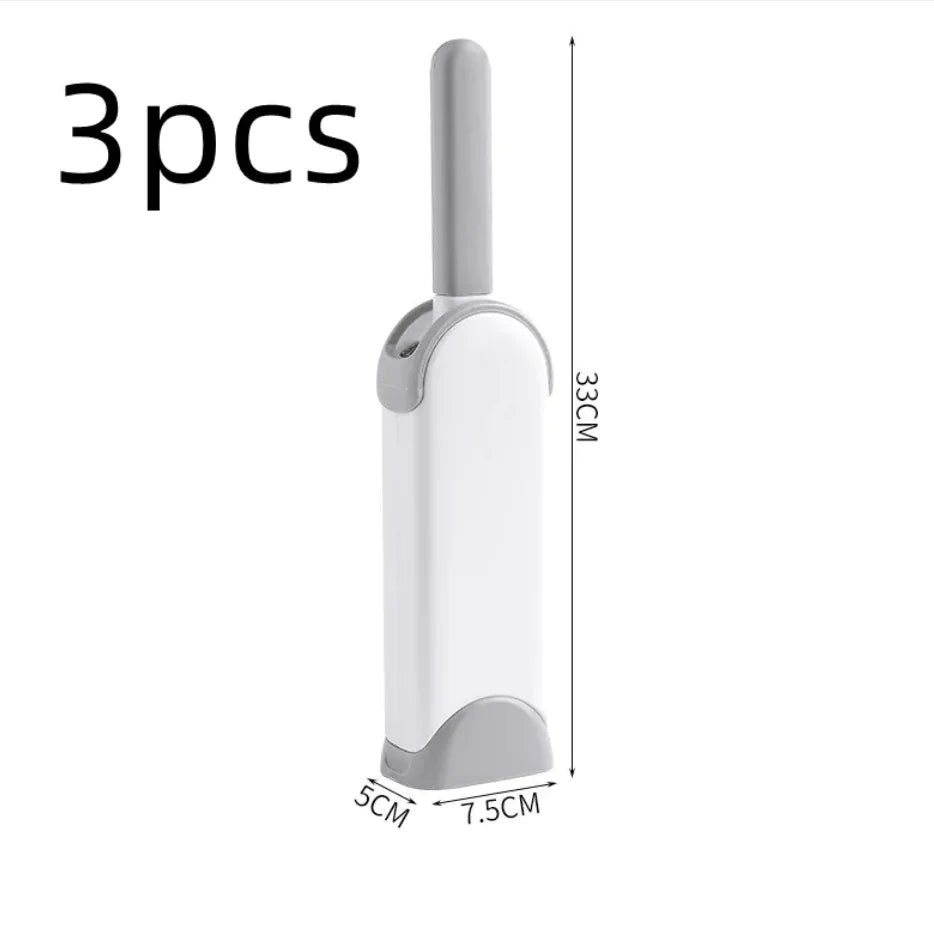 White and gray electrostatic hair cleaning brush in related container with dimensions on a white background and signage indicating '3  pcs'
