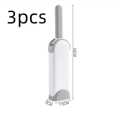 White and gray electrostatic hair cleaning brush in related container with dimensions on a white background and signage indicating '3  pcs'