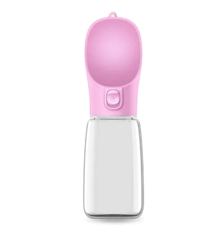 A Pink (Rose) portable pet travel water bottle with a built-in foldable drinking trough and a carabiner clip. Safe BPA-free materials.