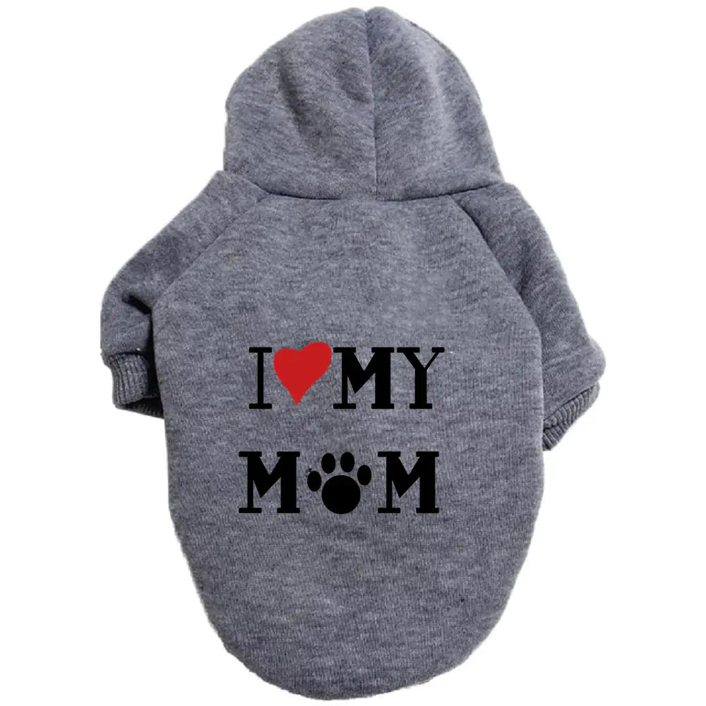 Gray pet hoodie with ‘I ❤️ MY MOM’ print on a white background. Made of soft polyester for your dog's warmth and comfort.