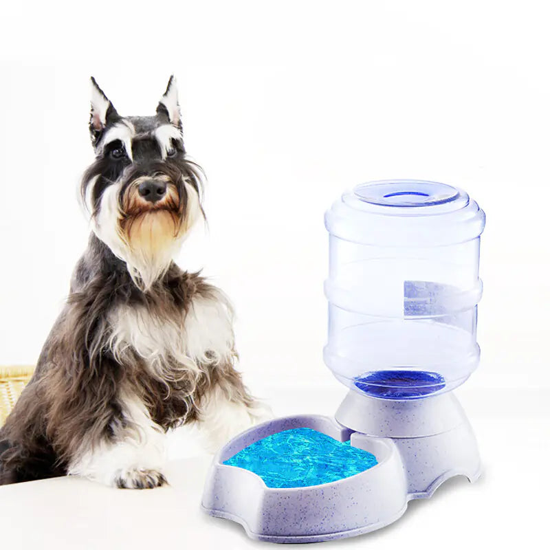 A White (Pearl) automatic water system shown with a small dog  standing near by.