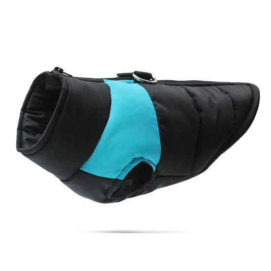 Matte (Black) and Light Blue (Sky) dog coat. Warm and soft cotton padding with adjustable straps for your dog's comfort.