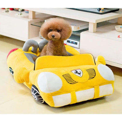 Doggie sitting comfortably in a yellow luxury designed travel pet nest preparing for an exciting trip.