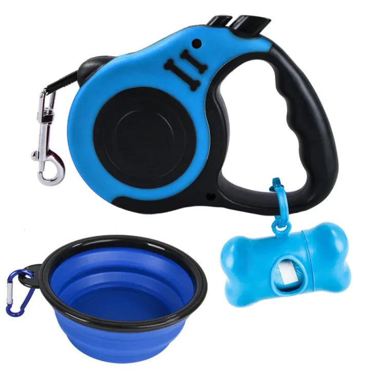 Blue (Lake) and black doggie travel kit including a retractable puppy leash, a foldable bowl, and a holder with garbage bag dispensing functionality.