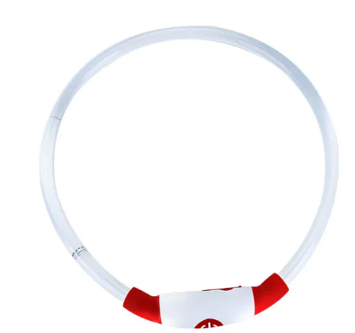 A red and white LED rechargeable pet collar made of nylon, with a visible LED light section for safety during night strolls.