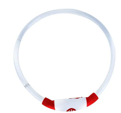 A red and white LED rechargeable pet collar made of nylon, with a visible LED light section for safety during night strolls.