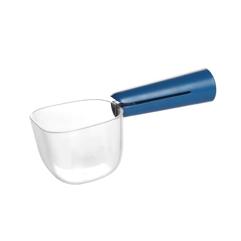 Clear scoop that can be used to precisely measure dog food. The Blue (Ocean) handle, doubles as a bag clip.