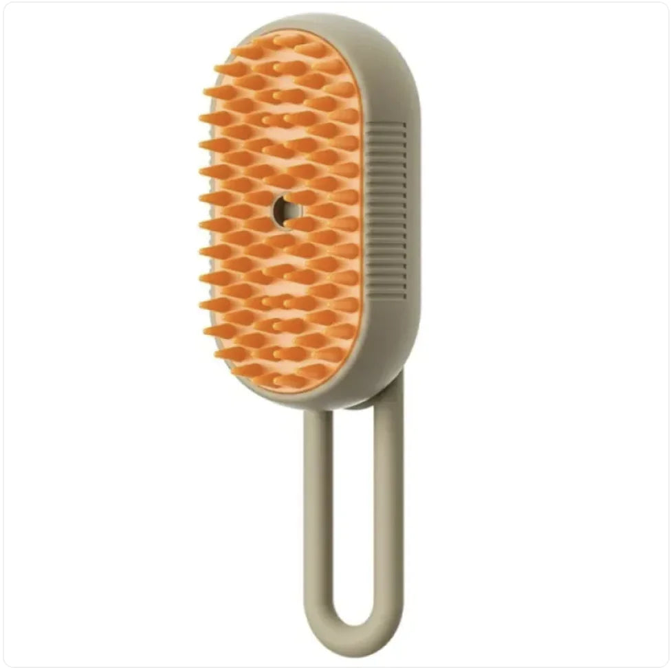Brown rechargeable adjustable grooming brush with steamer and soft bristles for pet massage and fur deshedding