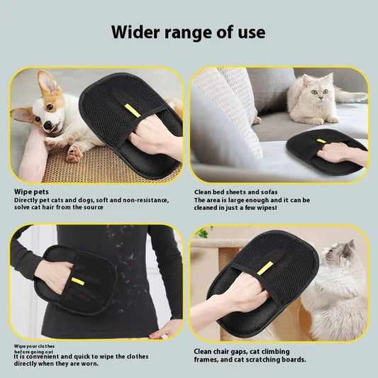 Multiple images of black pet grooming glove.  Use glove to groom pets, clean bed sheets and sofas, clean clothes and  pet toys.