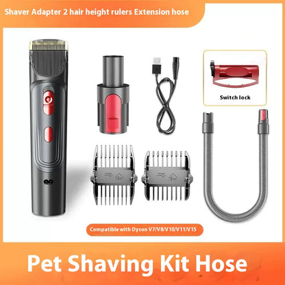 Dog groomer with shaving adapter, extension hose, switch lock and various attachments on a white background.