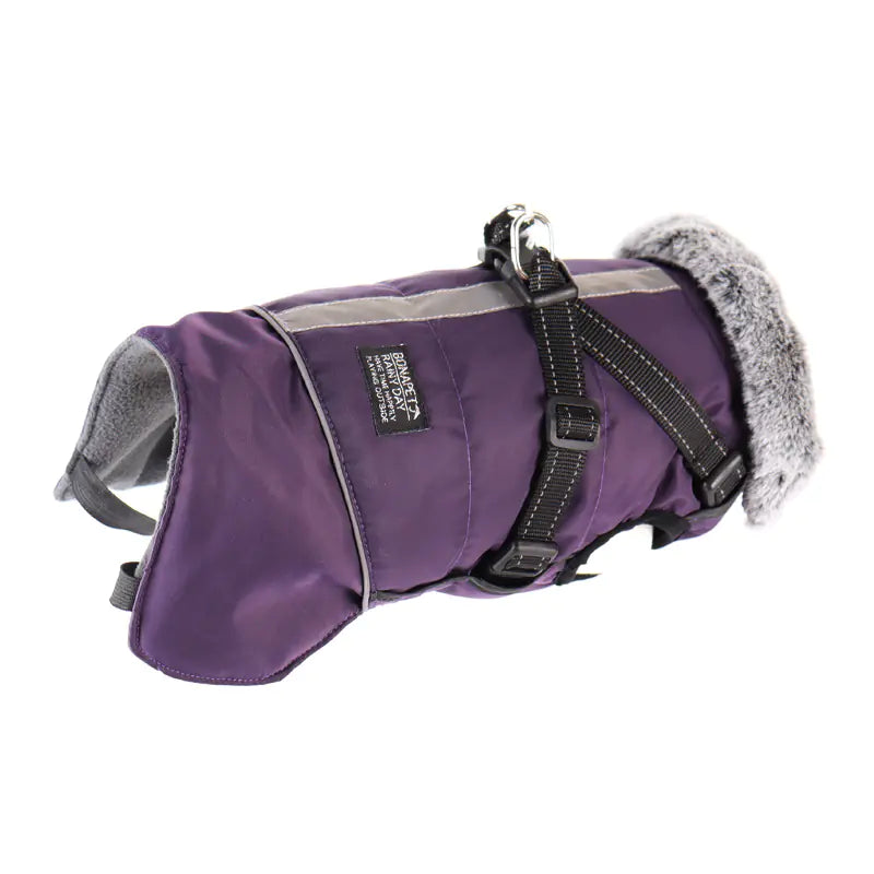 Purple (Lavender) Waterproof Reflective Puppy Warm Fur Collar Jacket with black straps and a plush faux fur collar.