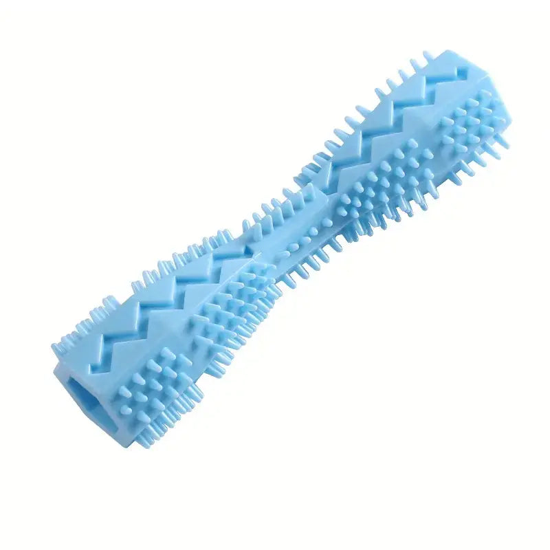 Blue dog chew toy made of pet-safe soft rubber with textured ridges that provide both teeth cleaning and gum massage.