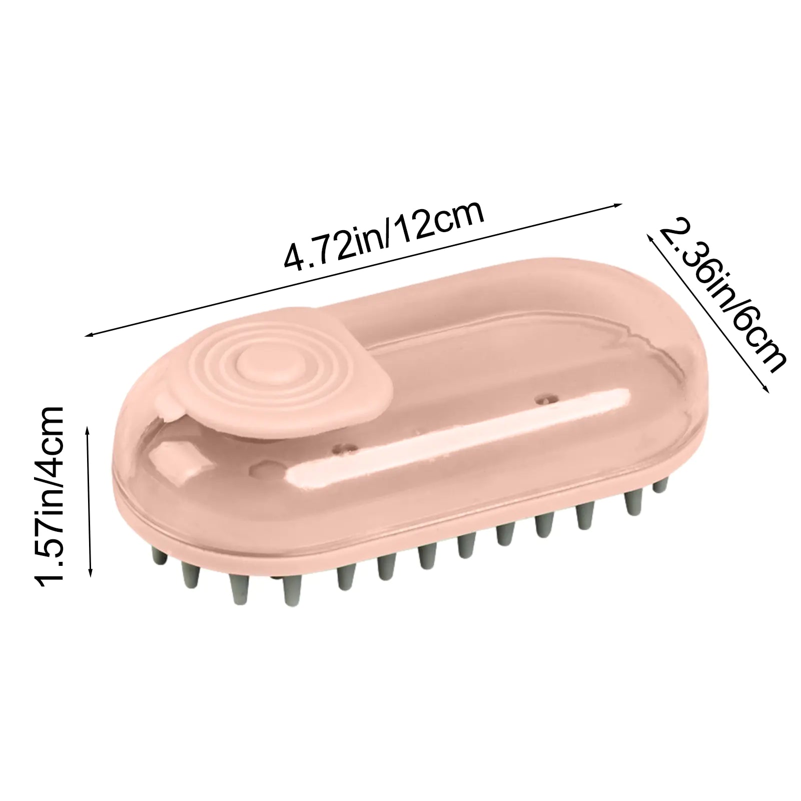 Pink (Rose) colored silicone dog bath brush with a shampoo dispenser shown with the dimensions.