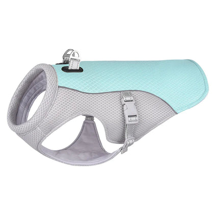 Blue and gray cooling vest for pets, with breathable, lightweight, and moisture wicking material. Activated by soaking in water.