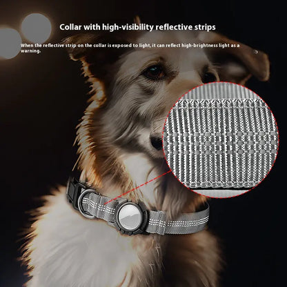 Dog wearing a durable cotton Gray (Mist) AirTag Pet Tracker Collar that is reflective and waterproof with close-up of reflective strips.
