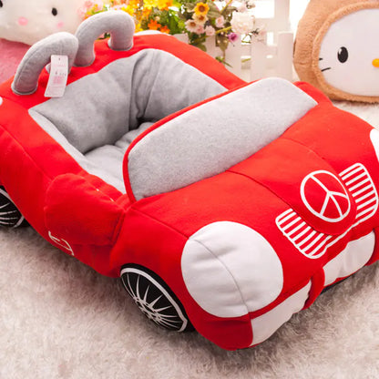 Red plush Mercedes Benz themed  car-shaped pet bed with gray interior on a light background