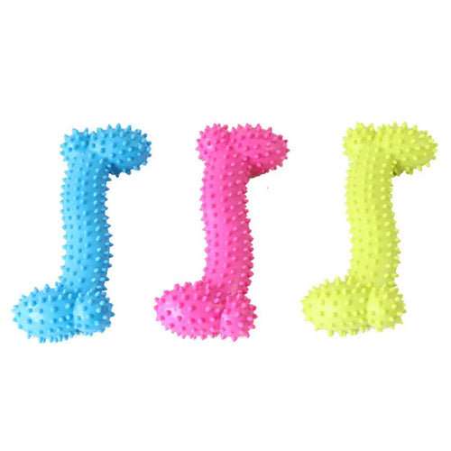 Three bone shaped dog chew toys with a spiked surface in various colors. Shown against a whte background.