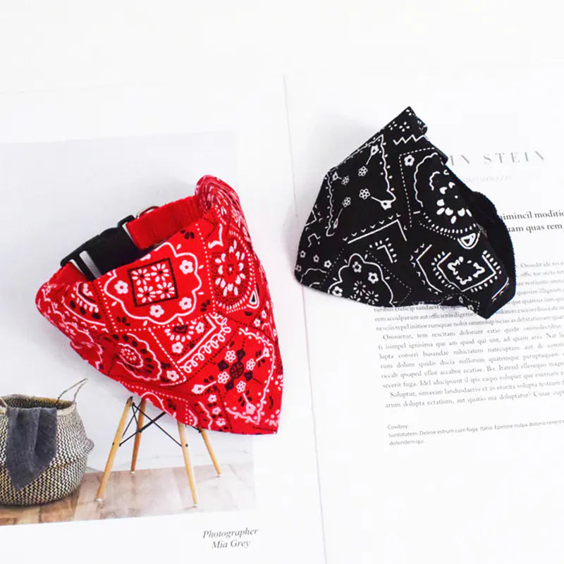 Two different sized patterned bandanas; One Red (Ruby) and the other Black (Midnight) shown with adjustable strap and buckle. 