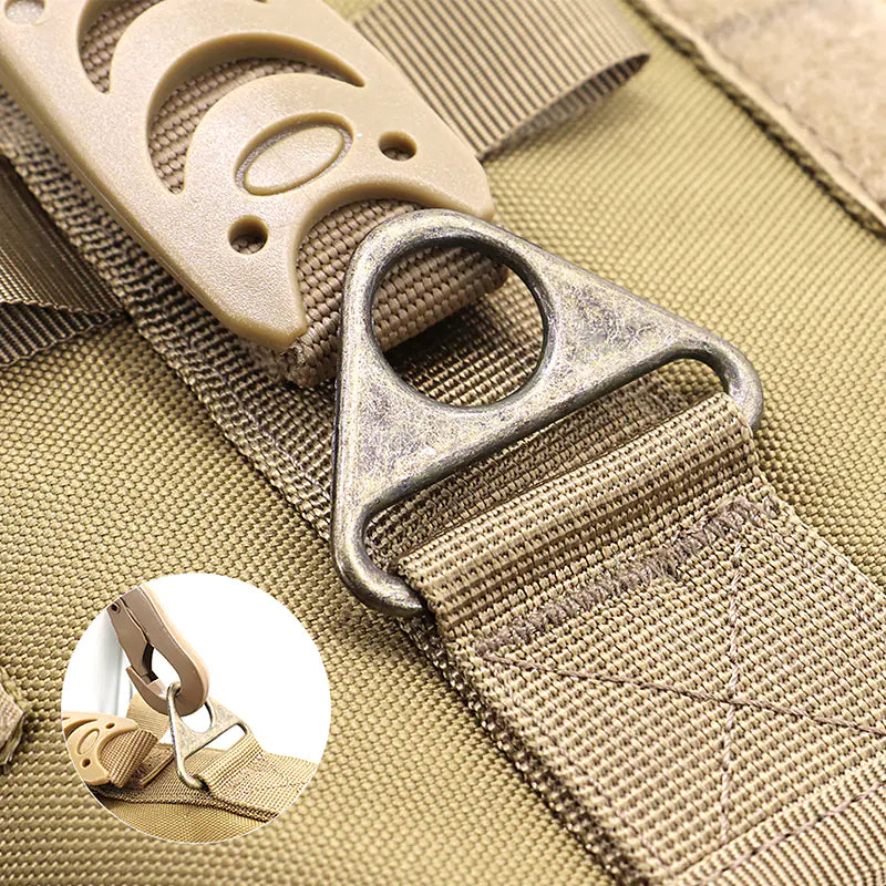 Close-up of belt and buckle for a Brown (Khaki)  tactical doggy harness with forground picture of attached leash.