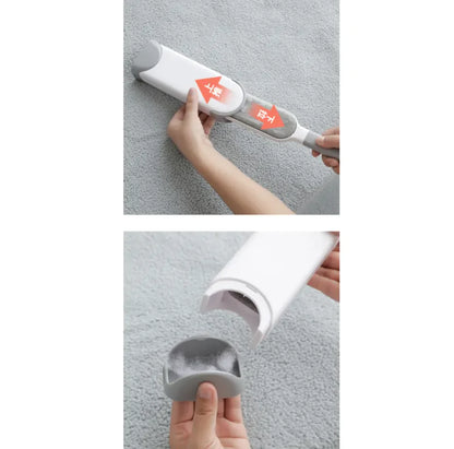 Hand using an electrostatic cleaning tool on a textured surface with close-up of pet hair being removed from the container.