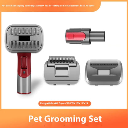 Pet grooming set with brush adapter and various attachments on a white background.