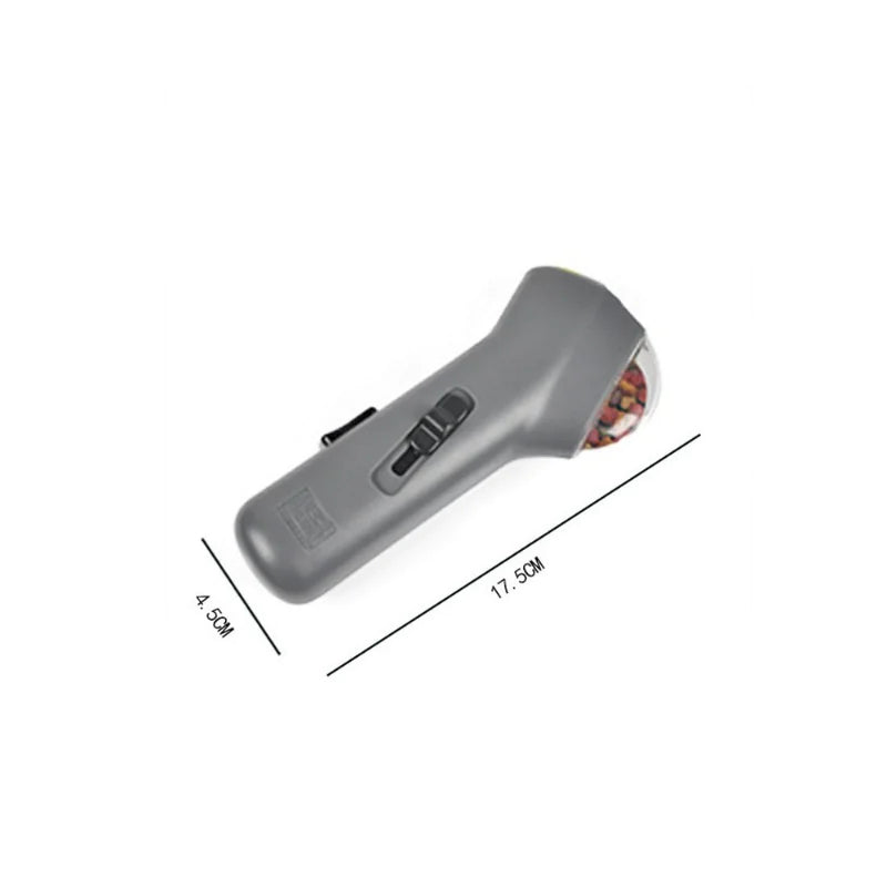 Gray (Mist) colored dog treat launcher shown with the length and width dimensions