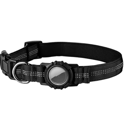 Durable cotton Black (Midnight) AirTag Dog Tracker Collar that is reflective and waterproof for your pet's safety.