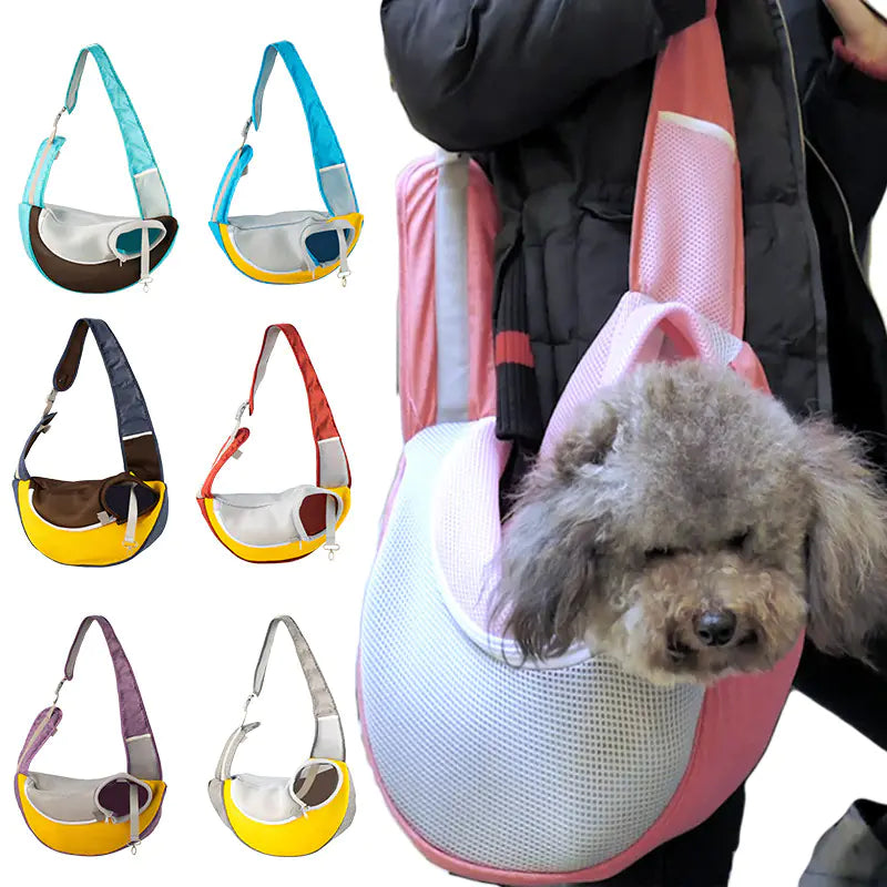 Dog being comfortably carried in a pink pet sling carrier with additional color options displayed.