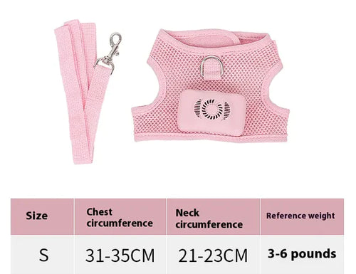 Pink (Rose) dog cooling chest harness featuring a battery operated cooling panel. Vest size is indicated as well as measurements and weight