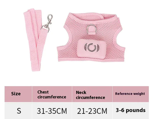 Pink (Rose) dog cooling chest harness featuring a battery operated cooling panel. Vest size is indicated as well as measurements and weight