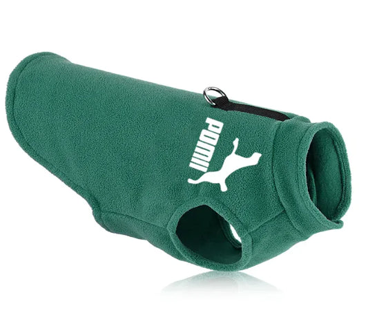 A Green (Forest) fleece vest for dogs with a white logo on the back and a ring attachment at the top.